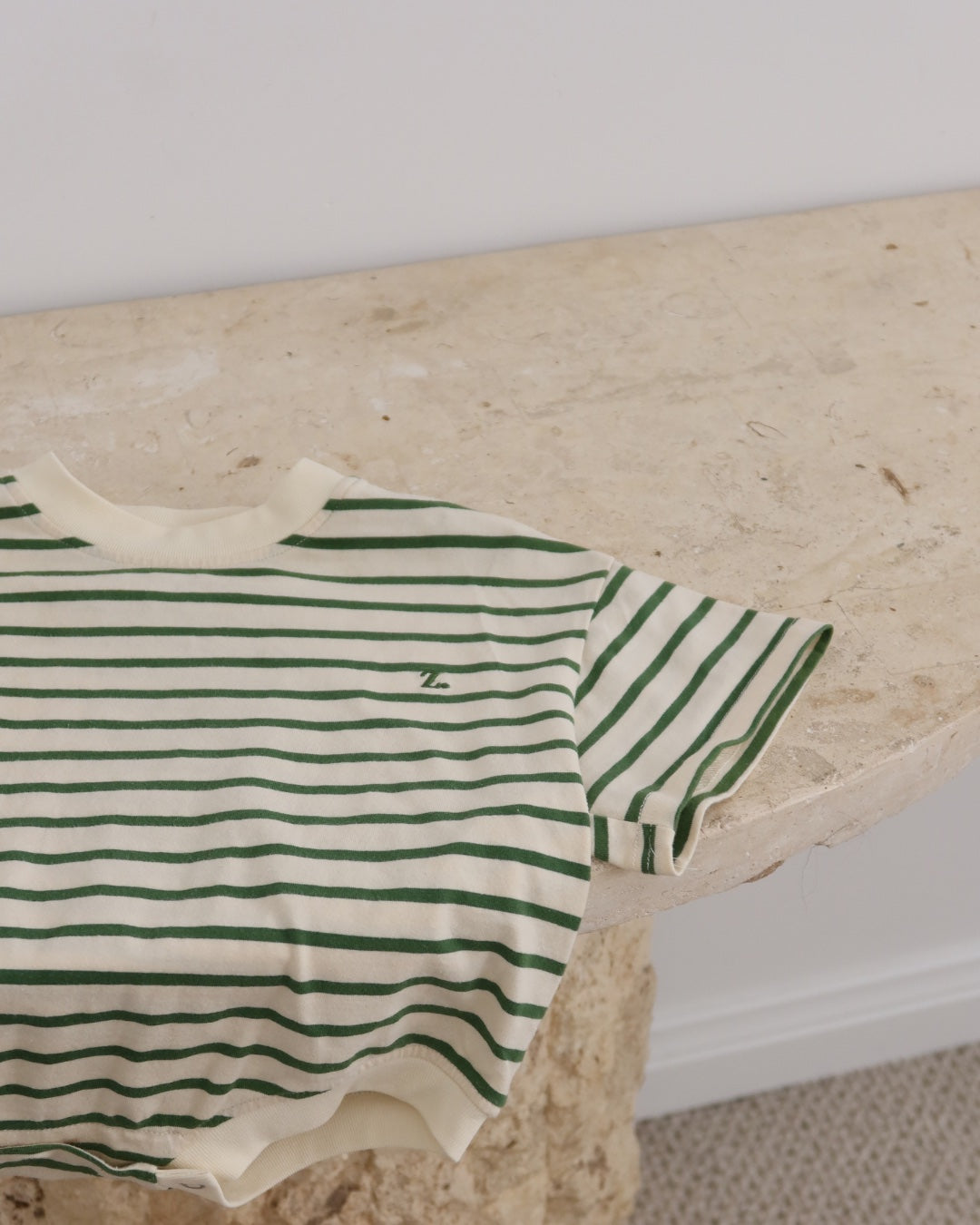 The Willem Romper in Green & Cream Stripe